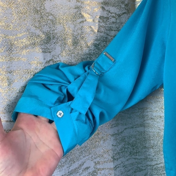 Calvin Klein Light Blue Button Up 3/4 Sleeve Shirt Blouse Size L - Picture 6 of 13